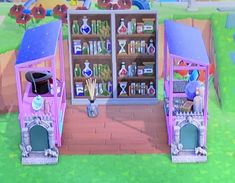 an animal crossing game with two animals in front of a book case