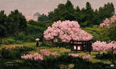 a painting of a house in the middle of a field with pink flowers on it