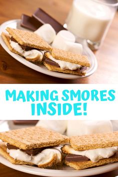 two plates filled with s'mores and marshmallows next to a glass of milk