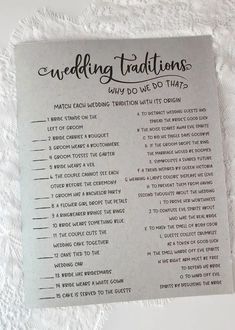 a wedding game is shown on top of a white tablecloth with black writing that says, wedding trillions