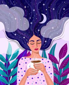 a woman holding a cup of coffee in her hands with stars and leaves around her