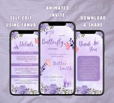 three iphones with the text butterfly thank you on them and an image of two butterflies