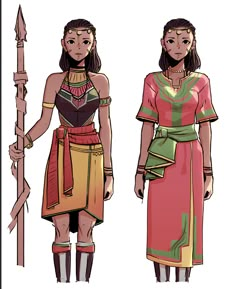 two women dressed in native american clothing and standing next to each other, one holding a spear