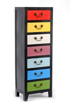 multicolored drawers with metal handles and knobs on each drawer, against a white background