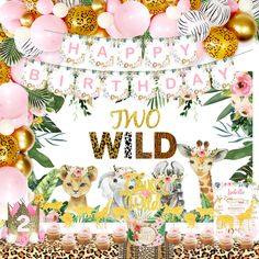 an animal themed birthday card with balloons and animals in the background, including giraffes