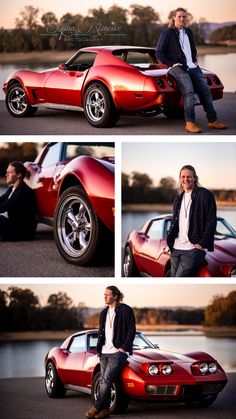 a man sitting on top of a red sports car