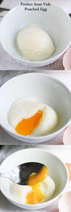 three pictures showing how to make an egg yolk in a bowl with a spoon