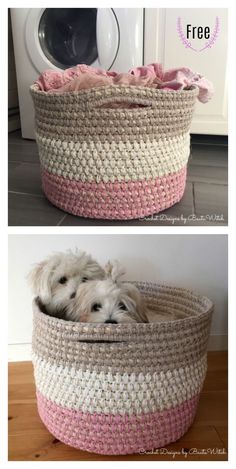 two pictures of a dog in a basket with the same color as it appears to be pink and white