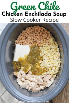 chicken enchilada soup in a slow cooker with green chile and white beans