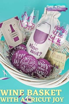 wine basket with cricut joy on the front and purple lettering on the back