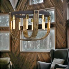 a wooden chandelier hanging from a ceiling