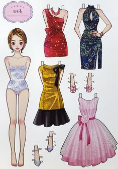 the paper doll has four different dresses and shoes