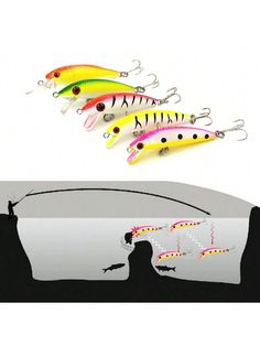 five different types of fishing lures in front of a man's head and silhouette