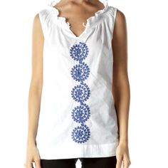 Made With High-Quality Fabric Soft Lightweight Cotton Sleeveless Blouse Comfortable To Wear. V Neck W/Tight-Up String Sleeveless Ruffled Necklines Embroidered Details Solid White Color Loose Relax Fit The Fashion Blouses Is Perfect Choice For Your Daily Wear Straight Hem Armpits 21�” Length 26” 100cotton Machine Wash True Szm. Spring Stretch Top By Tommy Hilfiger, Tommy Hilfiger Stretch Top For Spring, Spring Tommy Hilfiger Stretch Top, Blue Sleeveless Blouse For Daywear, Tommy Hilfiger Stretch Tops For Summer, Tommy Hilfiger Casual Blouse For Spring, Casual Tommy Hilfiger Blouse For Spring, Tommy Hilfiger Casual Spring Blouse, Spring Cotton Tops By Tommy Hilfiger