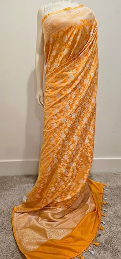 Beautiful Katan Banaras Silver Zari Saree in Yellow w/ Blouse, Product ships immediately within the US. Free shipping within the US. Orange Silk Dupatta For Reception, Orange Saree For Reception With Traditional Drape, Formal Embroidered Tissue Silk Saree, Yellow Silk Thread Traditional Wear For Wedding, Elegant Orange Saree With Resham Embroidery, Elegant Orange Raw Silk Saree, White Saree With Zari Weaving For Reception, Formal Art Silk Saree With Motifs, Elegant Orange Lehenga With Pallu Detail