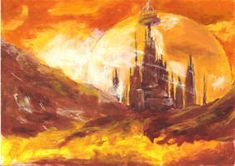 an oil painting of a castle in the middle of a desert with yellow and orange clouds