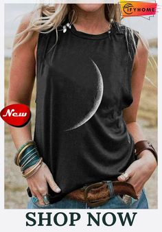 Black Moon Printed Shift Crew Neck Party Daily Casual Sleeveless Tank & Cami Black Tank Top Women, Tank Outfit, Womens Camisoles, Boho Chic Outfits, Summer Tank Tops, Casual Tank Tops, Sleeveless Vest, Floral Vintage, Printed Tank Tops