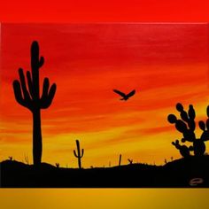 This is a piece of an arizona sunset complete with cactus, flying hawk, and Mountains unique to the area.  Created with acrylic paint and UV resistant varnish to help protect it for years to come. Original Art Created by Christina Jewell -Title: Freedom Flights 2 - Size: 16x20 - Wrapped Canvas - No Frame -In addition to the paintings here in my shop, I also offer custom work.  Want a piece of art created just for you? If you enjoy my style but are looking for a specific size and/or color scheme, Bird Sunset, Arizona Sunset, Western Paintings, Arizona Desert, Desert Art, Cactus Art