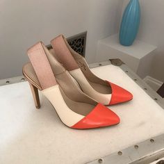 French Connection Shoes. Size 36. New In Box. Orange High Heels With Contrasting Heel Counter, Chic Orange Heels With Removable Insole, Modern Orange Pointed Toe Heels, French Collection, Swim Shoes, Nude Pumps, Kitten Heel Pumps, Orange Cream, Pink Heels