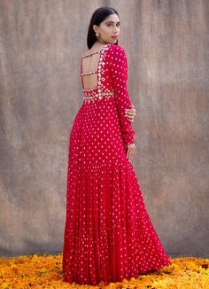 Rani Pink Gown, Net Fabric Outfit Ideas, Back Anarkali Design, Anarkali With Saree, Back Neck For Anarkali Dress, Rani Color Suit, Mirror Work Anarkali Suits, Rani Pink Anarkali Suit, Long Anarkali Gown Indian With Dupatta