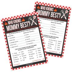 two cards with the words who knows mommy best? and cooking utensils on them