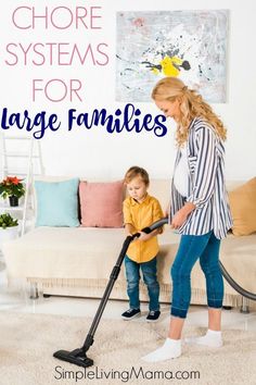 a woman and her child are cleaning the living room with vacuums for large families