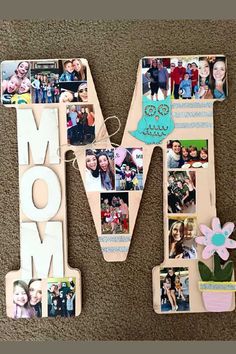 the letter m is made up of photos and magnets to spell out mom's day