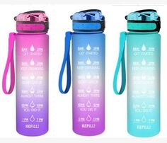 three different types of water bottles are shown in this image, one is blue and the other is pink