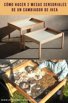 two tables made out of wood with different types of items on them and the words como hacer 2 mesas sensoriales de un cambiador de ikea