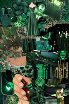 a collage of green and gold items including candles, jewelry, and other things