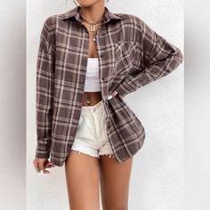 Brand New No Tags Never Been Worn Just Never Grabbed It Size Small Downsize My Closet Super Cute And Great Condition Cream Shirt Dress, Tops Shein, Black Button Up Shirt, Pocket Blouse, Plaid Crop Top, Flannel Women, Women Blouses, Brown Plaid, Outfit Inspo Fall