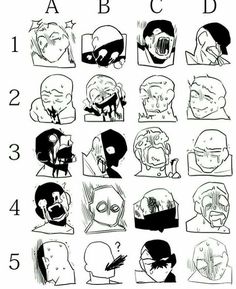 an image of cartoon faces with different expressions and numbers to describe the characters in each character