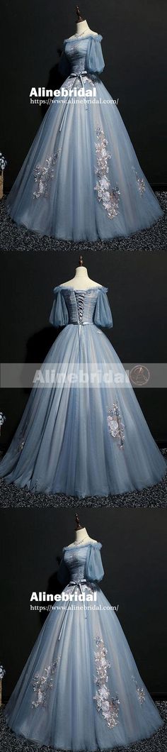 Vintage Princess Off Shoulder Half Sleeve Sky Blue Appliques Ball Gown Prom Dresses,PD00076 #vintagepromdresses Ball Gown Prom Dresses, Gown Prom Dresses, Ball Gowns Princess, Prom Long, Vintage Princess, Prom Dresses Vintage, Gown Prom, Ball Gowns Prom, Prom Dresses Ball Gown