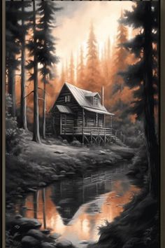 a painting of a cabin in the woods with water and trees around it is shown