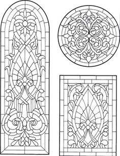 three stained glass panels with different designs