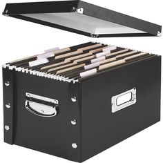 a black file box filled with files on top of a white background