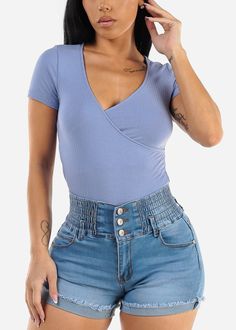 Short Sleeve Surplice Ribbed Top Slate Blue Trendy Stretch Tops With Pockets, Wrap Front Top, Surplice Top, Ribbed Top, Slate Blue, High Point, Stretchy Material, Casual Tops, Hand Wash