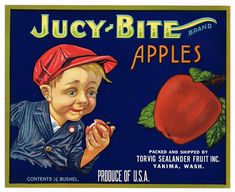 a box of juicy - bite apples with a boy in a red hat eating an apple