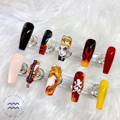 press-on nails art Nails Acrylic Demon Slayer, Demon Slayer Nails Rengoku, Rengoku Inspired Nails, Rengoku Inspired Outfit, Rengoku Nail Art, Anime Nails Demon Slayer, Rengoku Nails, Uñas Demon Slayer