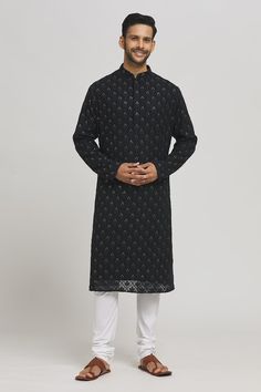 Black cotton kurta with sequins and thread embroidery. Comes with churidar. - Aza Fashions Black Kurta With Intricate Embroidery For Diwali, Black Churidar With Chikankari Embroidery For Designer Wear, Traditional Black Churidar With Chikankari Embroidery, Black Chanderi Sherwani With Chikankari Embroidery, Black Churidar With Chikankari Embroidery And Long Sleeves, Black Kurta With Resham Embroidery For Eid, Diwali Black Kurta With Dabka Work, Black Sherwani With Chikankari Embroidery For Festivals, Black Anarkali Sherwani For Festive Occasions