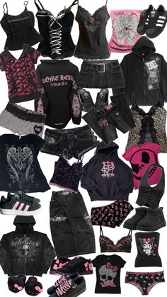 many different types of clothes and shoes are shown in this image, including hoodies