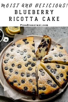 Blueberry Ricotta Cake on a plate. Ricotta Desserts, Blueberry Ricotta Cake, Ricotta Dessert, Blueberry Ricotta, Ricotta Cake Recipes, Cake Aux Olives, Lemon Ricotta Cake, Spring Recipes Dessert, Blueberry Breakfast Cake