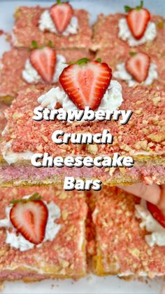 strawberry crumb cheesecake bars cut into squares