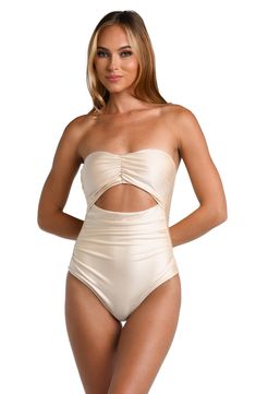 Feel your glowiest by the water in this ruched one-piece swimsuit designed with a sunny front cutout and supportive shaping details. Pull-on style Lined Removable, adjustable straps Removable cups Moderate back coverage 80% nylon, 20% elastane Hand wash, dry flat Imported Strapless Ruched Swimwear For Sunbathing, One-piece Stretch Swimwear With Ruched Bodice, Beachwear Swimwear With Ruched Bodice And Stretch, Poolside Swimwear With Ruched Bodice, Summer Party Swimwear With Ruched Back, Chic Swimwear With Ruched Bodice For Pool, Stretch Swimwear With Ruched Bodice For The Beach, Chic Beach Swimwear With Ruched Bodice, Summer Poolside Swimwear With Ruched Bodice