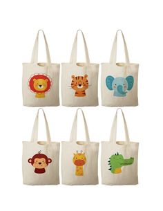 six tote bags with different animals on them