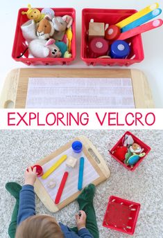 a toddler is playing with toys on the floor and in front of an open box that says exploring velcro