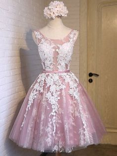 A-line Scoop Neck Tulle Appliques Lace Exclusive Knee-length Prom Dresses $146.99 Short Mini Dresses, Tulle Homecoming Dress, Ribbon Belt, Lace Homecoming Dresses, Short Prom Dress, Lace Evening Dresses, Lilac Dress, Short Prom, Short Mini Dress