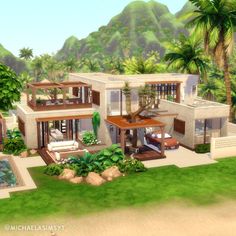 an artist's rendering of a modern house in the middle of palm trees and mountains