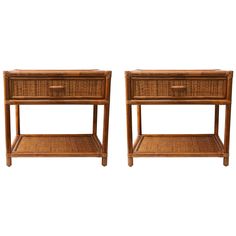 a pair of nightstands with wicker baskets on each side and one drawer at the top