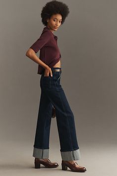 Denim, decoded: This fall, we’re digging denim in every corner of our closet – like Trixie by Joe's Jeans, featuring a high-rise, wide-leg, and 4" wide cuffs that are tacked at the seams. | Trixie High-Rise Wide-Leg Jeans by Joe's Jeans in Blue, Women's, Size: 31, Polyester/Cotton/Elastane at Anthropologie Mid-rise Dark Wash Wide Leg Pants For Fall, Chic Denim Wide Leg Pants For Fall, Dark Wash Denim Wide Leg Pants For Fall, Chic Full-length Rigid Denim Flare Jeans, Chic Cropped Dark Wash Wide Leg Pants, Chic Wide Leg Pants In Denim Blue For Fall, Chic Rigid Denim Flare Jeans For Fall, Chic Dark Wash Cropped Pants, Modern Denim Wide Leg Pants For Fall